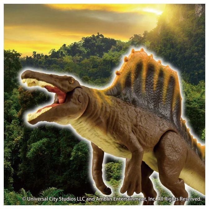  Spinosaurus toy with brown body, yellow sail, and open mouth against a jungle backdrop.
