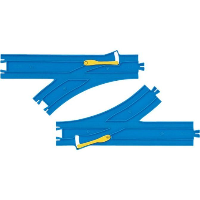 Two blue toy train tracks with yellow levers.