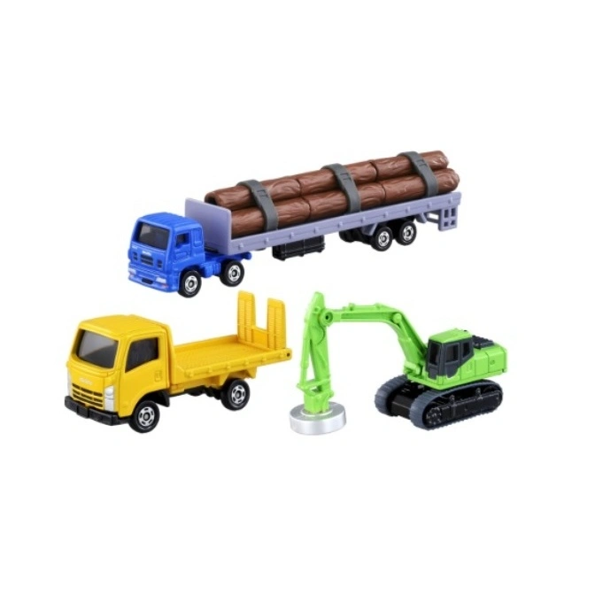 Toy logging truck, flatbed truck, and excavator.  Blue, yellow, and green diecast vehicles.