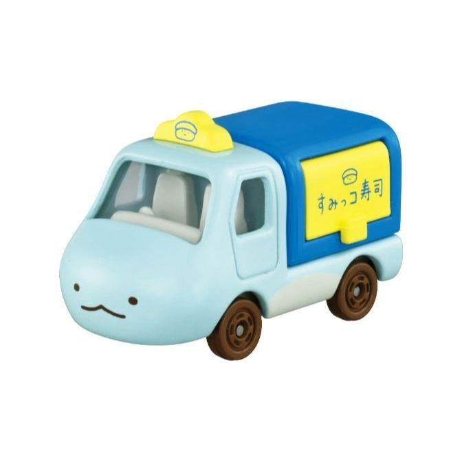 Blue Sumikko Gurashi sushi truck toy with brown wheels and a cute face.