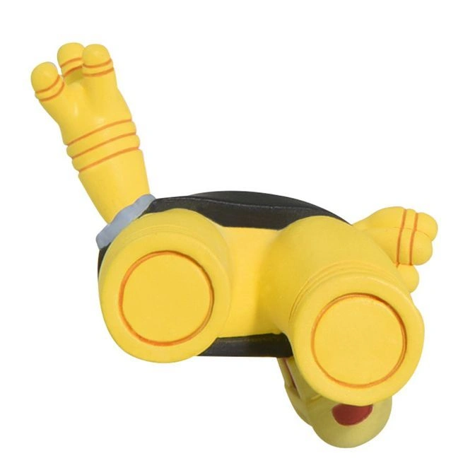  Yellow toy figure with black body, round legs, and a hand raised in the air.