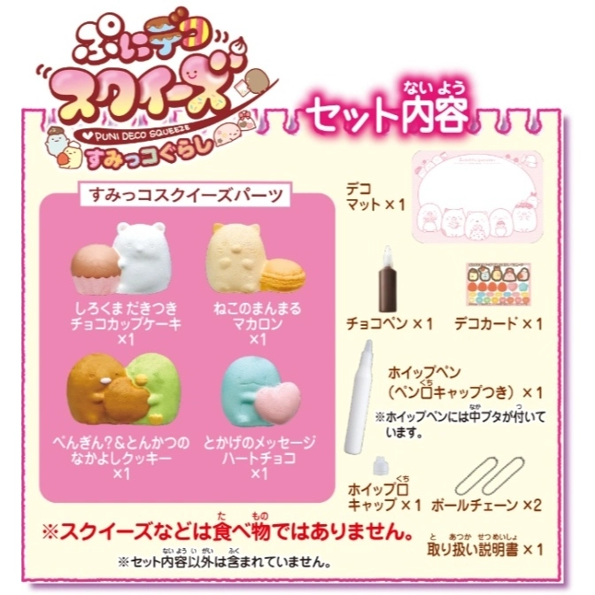 Sumikko Gurashi squishy deco kit: squishies, chocolate/whipped cream pens, deco sheet, mat, chains, instructions.