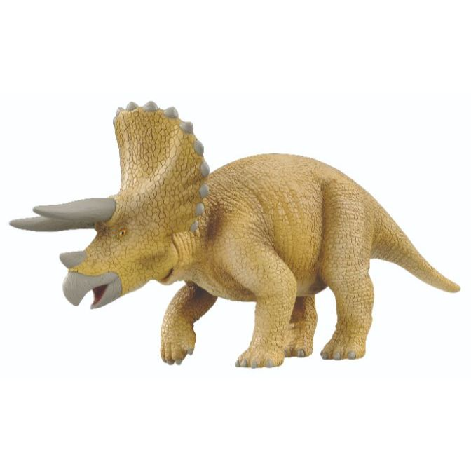 Toy triceratops with yellow body, grey horns, and frill.