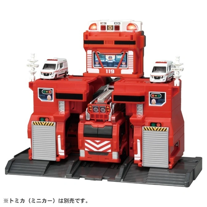  Red toy fire station with trucks and ambulances. Features include a garage, control center, and rooftop landing pads.