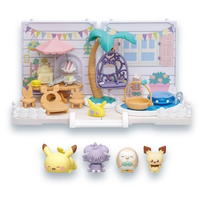 Pokémon miniature playset with Pikachu and friends figures, featuring a beach house with a pool and furniture.