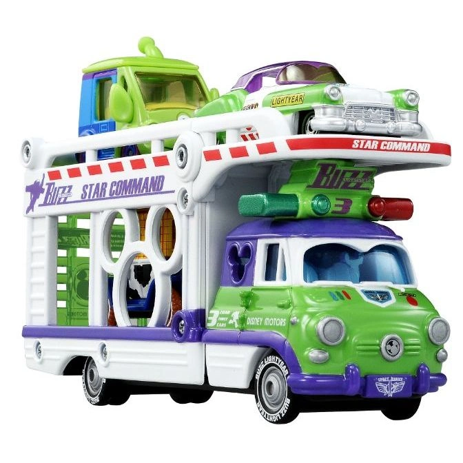  Buzz Lightyear car carrier toy with two cars on top, green and white color scheme.