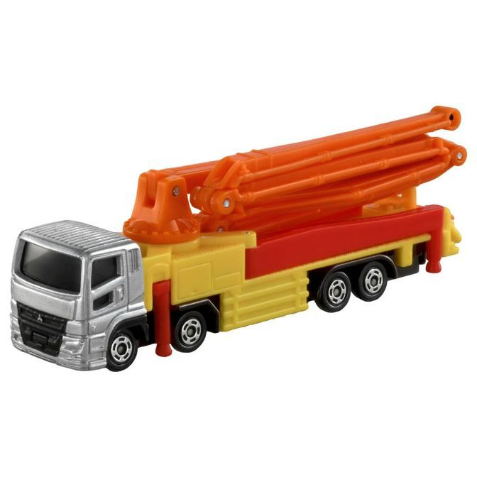 Toy concrete pump truck with silver cab, yellow body, red platform, and orange boom.