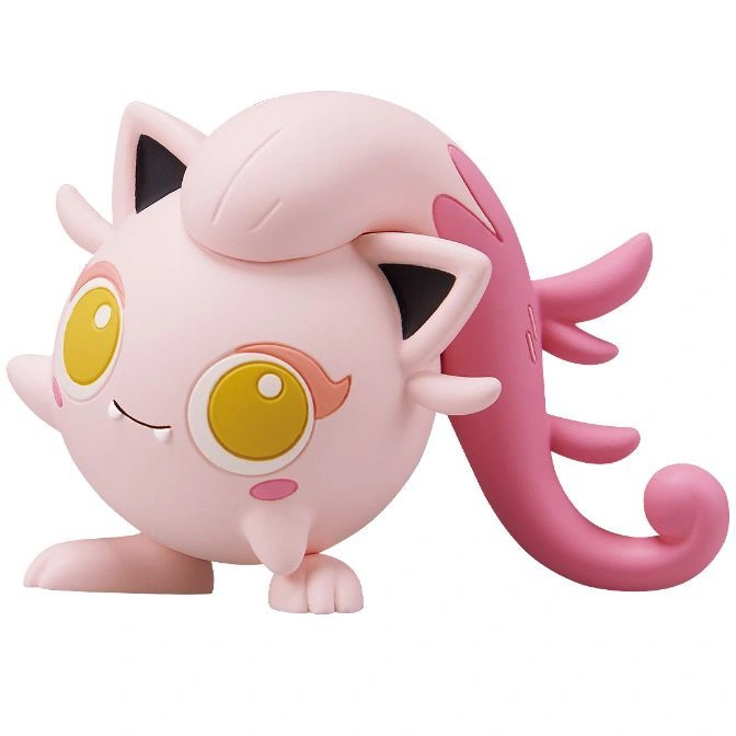  Pink Wigglytuff toy with big eyes and a curly tail.