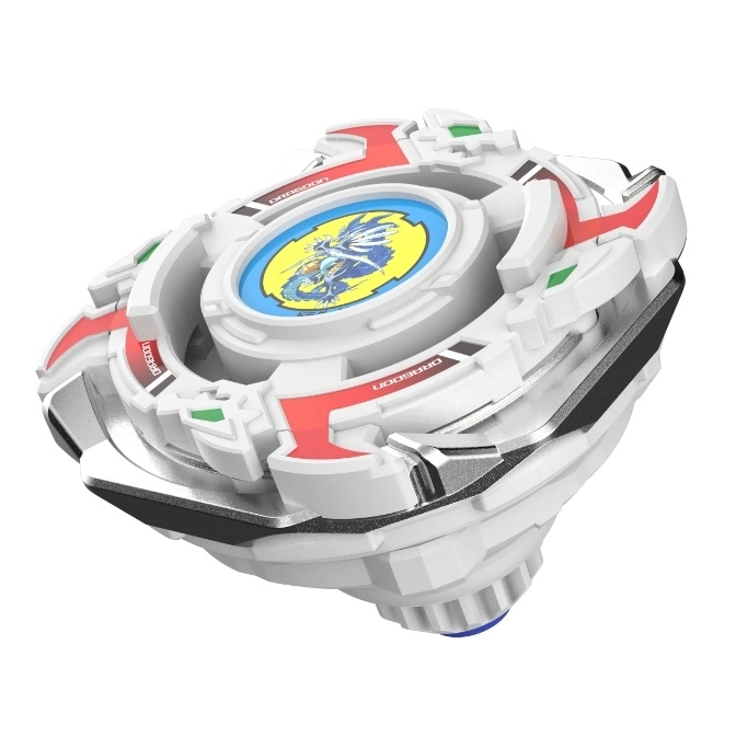 Dragoon Beyblade with a blue dragon on a yellow background, white and red accents.