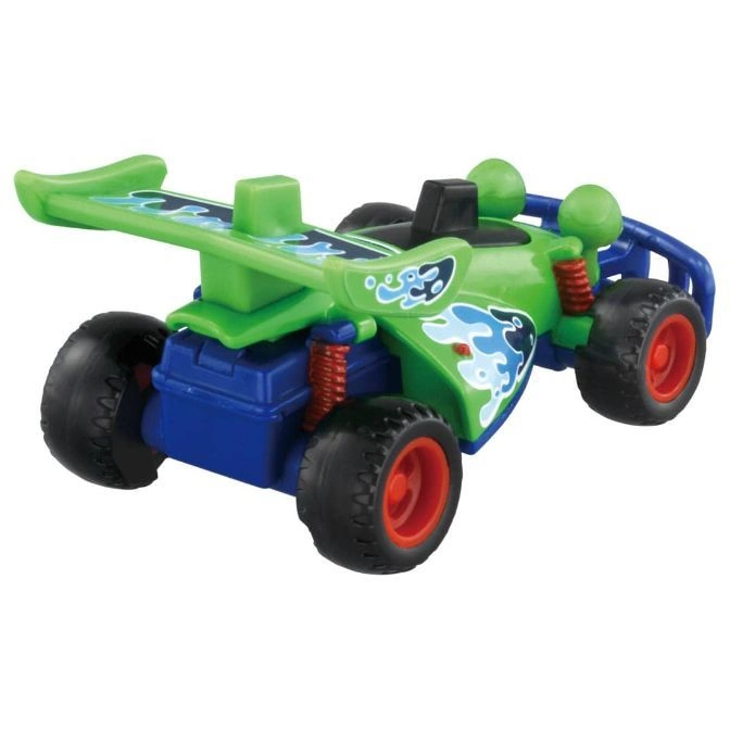  Green and blue toy race car with spoiler and red-rimmed wheels.