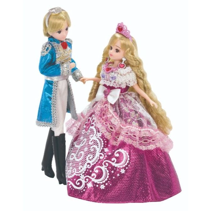  Prince and princess dolls in formal attire holding hands, ready for a royal ball.