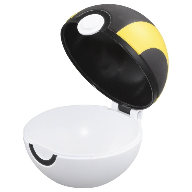 Open Poké Ball toy with black, yellow, and white design.