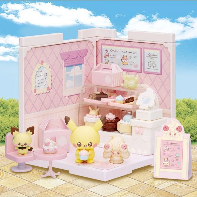  Pokémon bakery playset with Pikachu and other Pokémon figures, display case, and accessories.