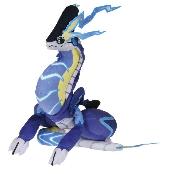 Miraidon plush toy, blue and yellow dragon with lightning bolt accents.