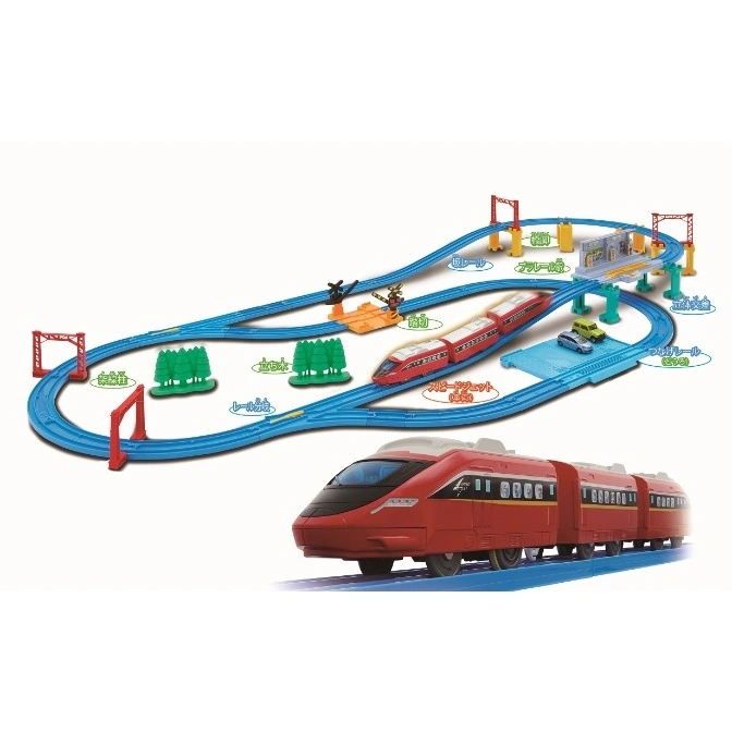 Toy train set with red train, blue tracks, trees, and accessories.