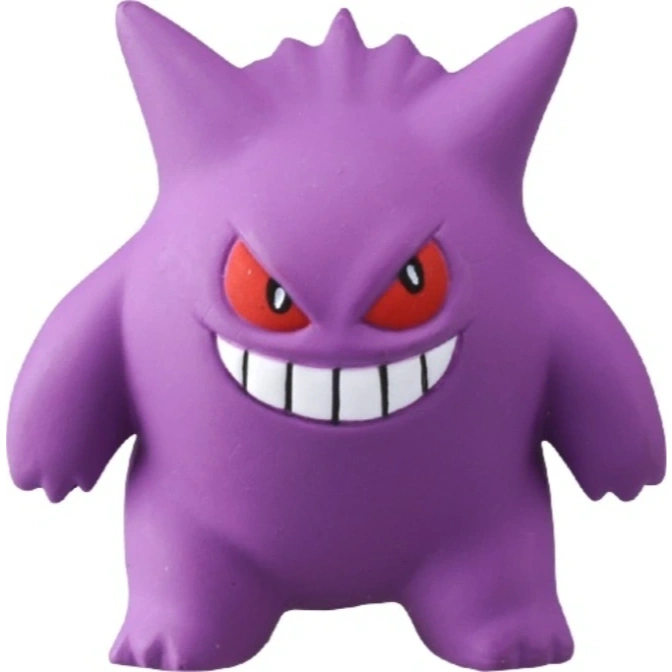 Purple Gengar toy with red eyes and a wide, toothy grin.