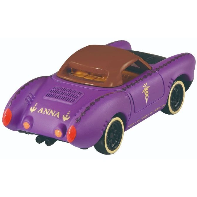  Purple toy car with brown roof, "ANNA" on the back, and Frozen-themed details.