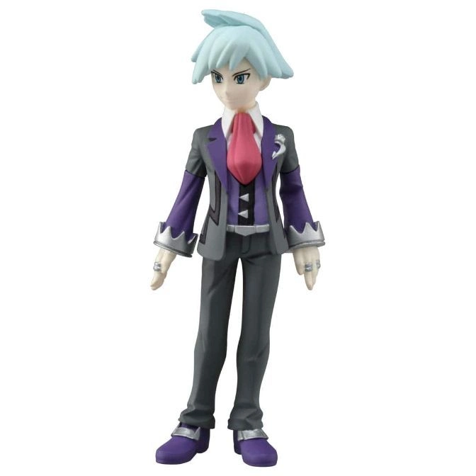 Steven Stone figurine with light blue hair, wearing a gray suit and purple tie.