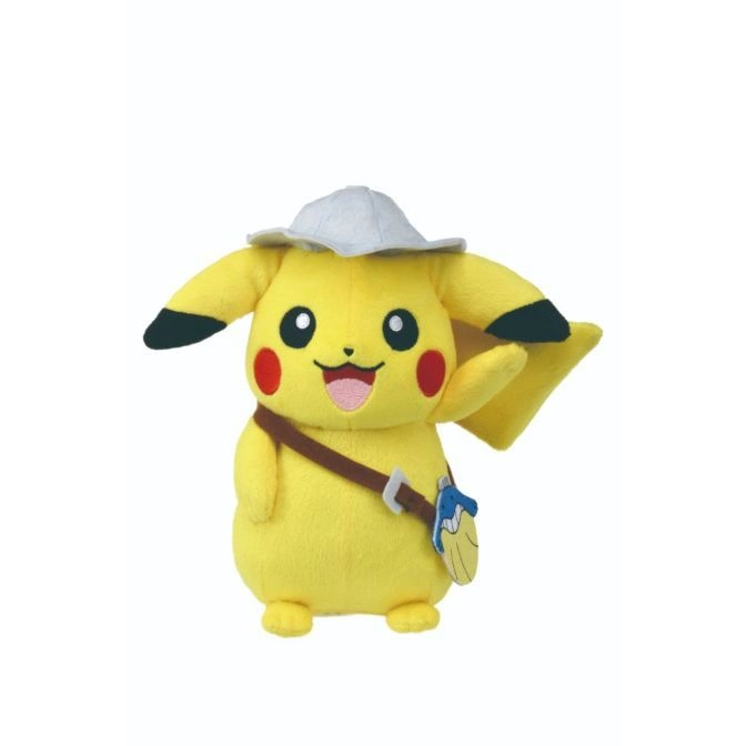  Pikachu plush toy wearing a hat and satchel.