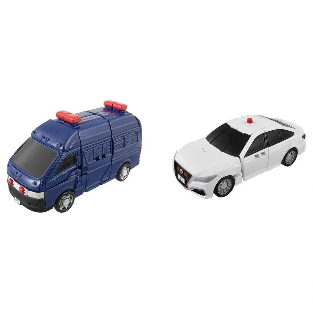  Toy police vehicles: a blue van with red lights and a white sedan with a red light.
