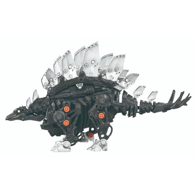  Black mechanical Stegosaurus toy with silver plates along its back.
