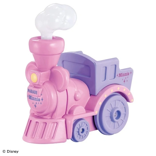  Pink Minnie Mouse toy train with smoke stack and lavender car.