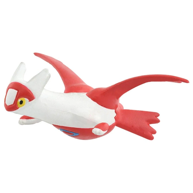Red and white Latias Pokémon toy figure in a flying pose.