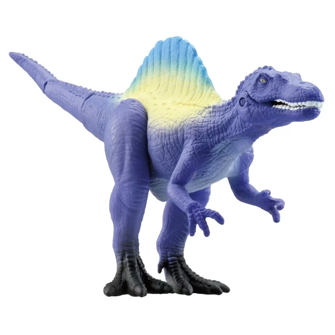  Purple Spinosaurus toy with a blue and yellow sail on its back, standing on two legs.