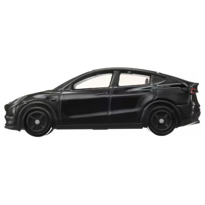  Black toy Tesla Model Y car, side view. Diecast vehicle with detailed features.
