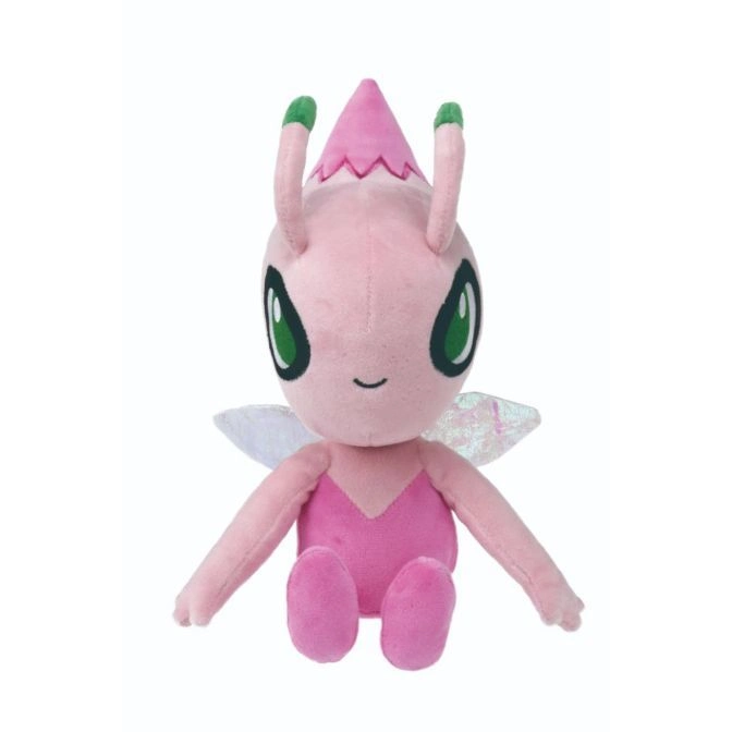 Pink Celebi plush toy with wings, green eyes, and a pointed head.