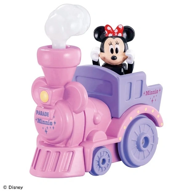 Minnie Mouse on a pink and purple toy train with smoke puff.