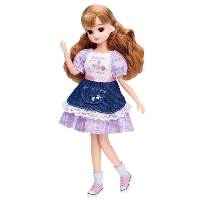  Licca doll with auburn hair in a purple plaid dress with a denim apron and pink shoes.
