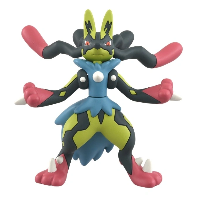 Mega Lucario action figure with extended limbs and pink accents.