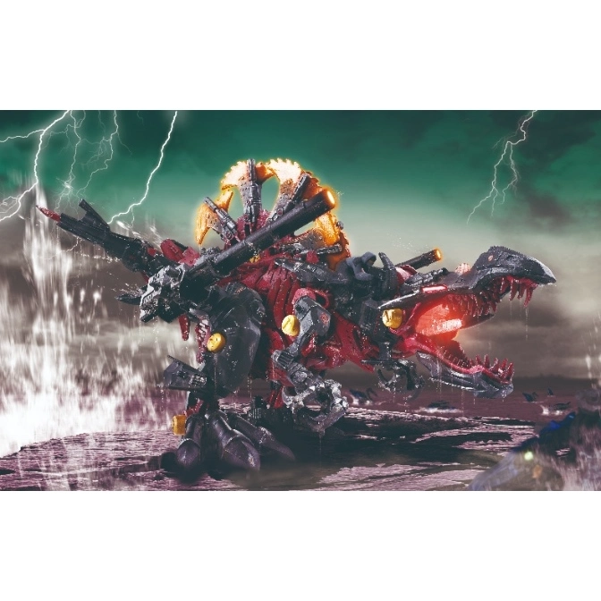  Zoids Dark Rex model kit with red and black armor, set in a stormy landscape.