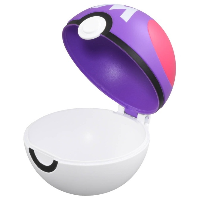 Open purple Pokémon ball toy with white interior and pink heart design.