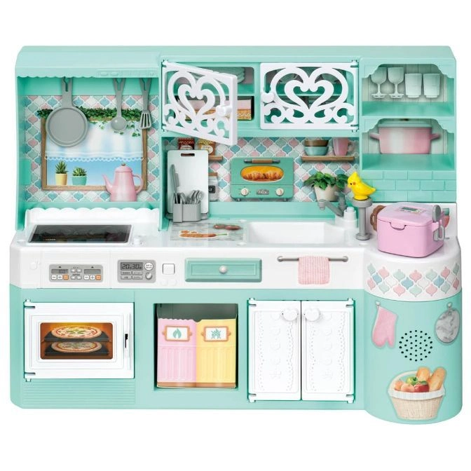  Mint green toy kitchen with oven, microwave, sink, and accessories.
