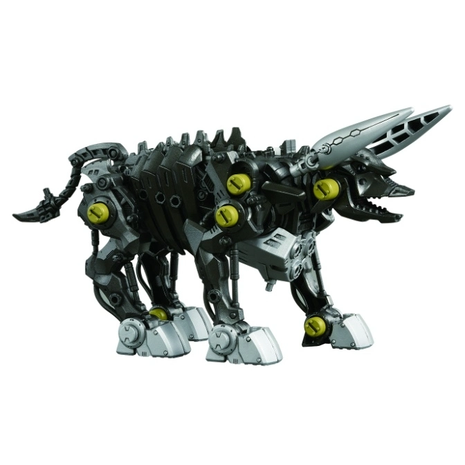  Robotic wolf toy with silver accents and yellow details.