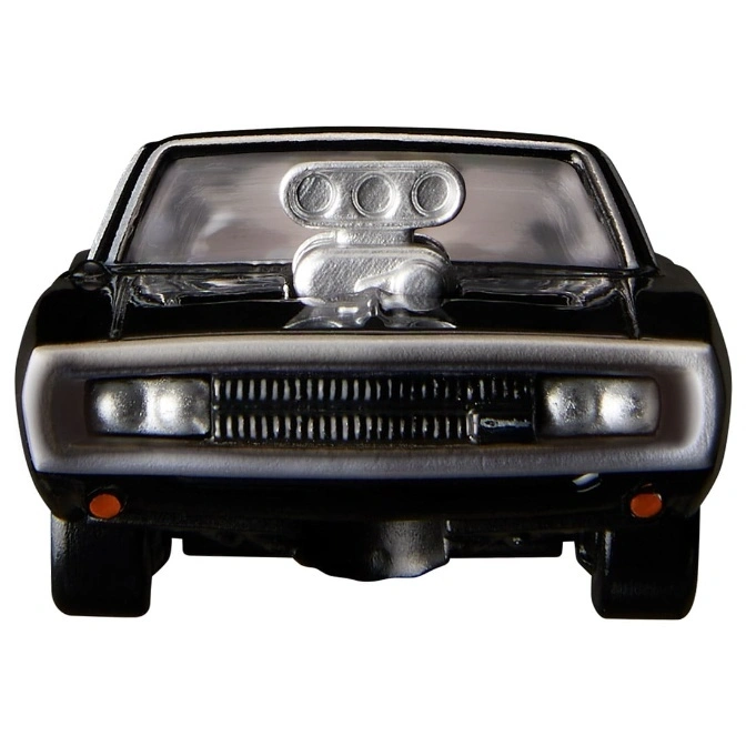  Black toy car with a silver engine blower sticking out of the hood.