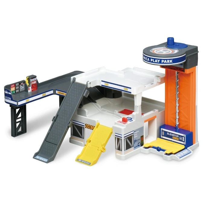  Tomica Play Park toy garage with ramps, elevator, helipad, and gas station.