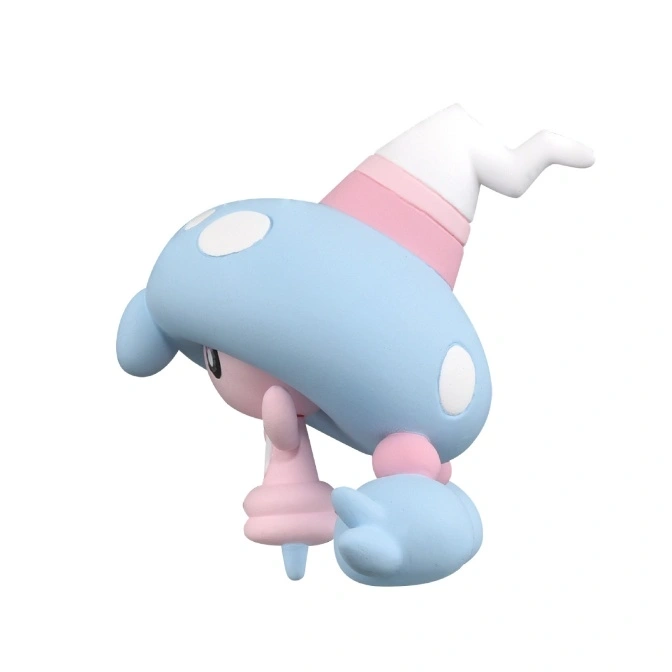  Pastel blue and pink Pokémon toy with a white hat and dangling pink appendage.