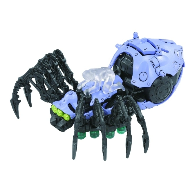  Blue spider robot toy with black legs and a clear figure on top.