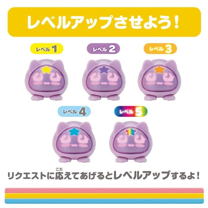  Purple toy with star on head, levels 1-5 shown. Level up by fulfilling requests.