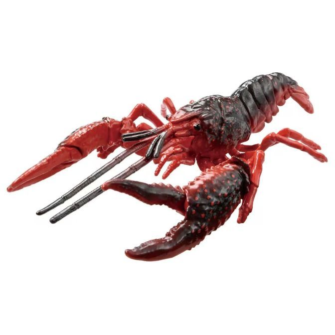 Red and black toy crawfish with large claws and antennae.
