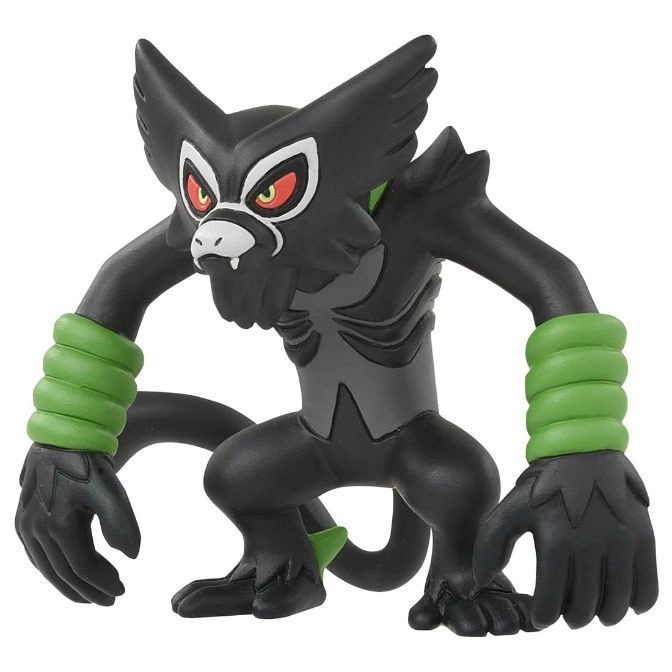 Zoroark Pokémon toy figure with green wrist bands, black fur, and red eyes.