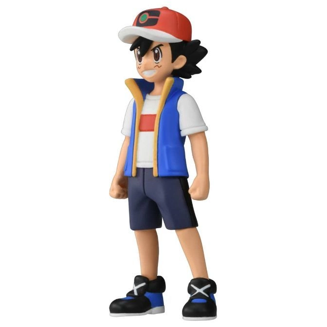 Ash Ketchum action figure wearing a red and white cap, blue vest, and black and blue shoes.