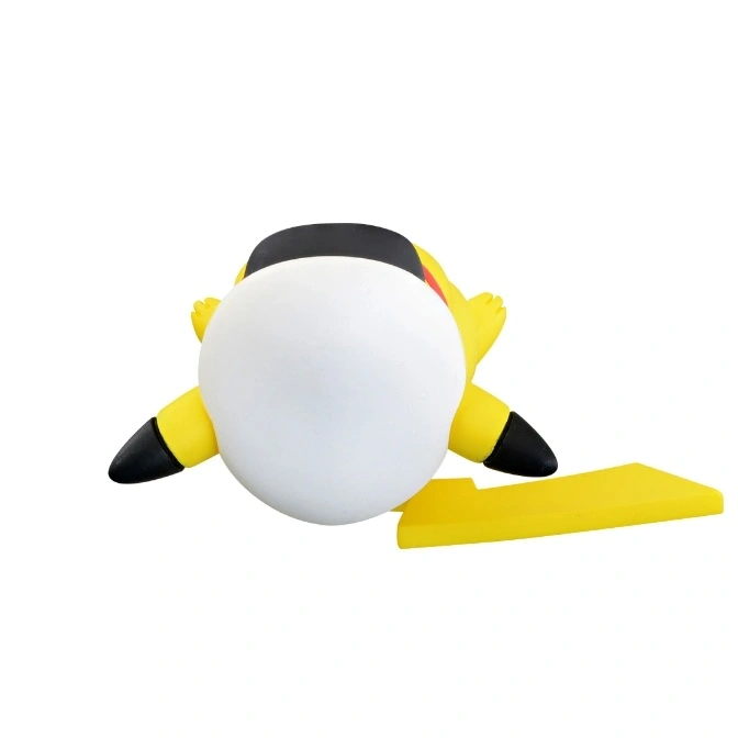  Pikachu figure lying on its stomach with a yellow stand.
