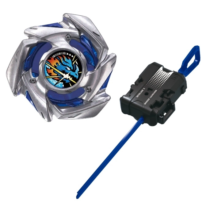  Beyblade X toy with launcher. Silver and blue spinning top with a dragon emblem. Blue launcher pull.
