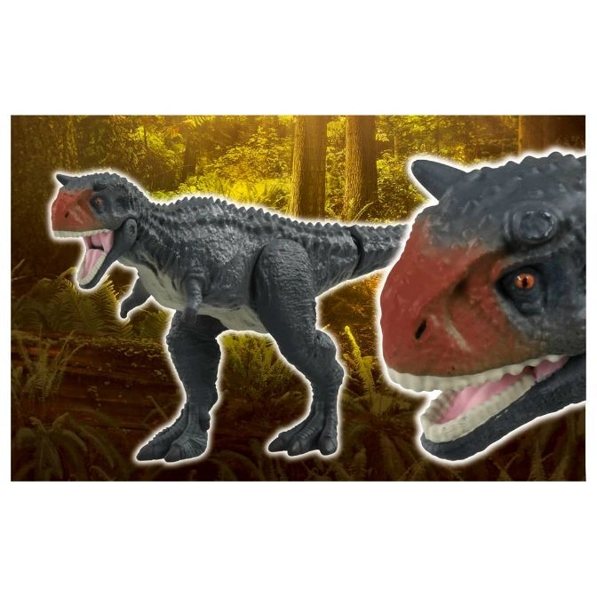  Gray dinosaur toy with red head, open mouth, and forest background.