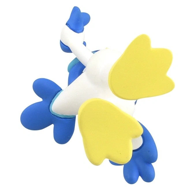  Cartoon duck toy with blue wings and yellow feet, viewed from below.