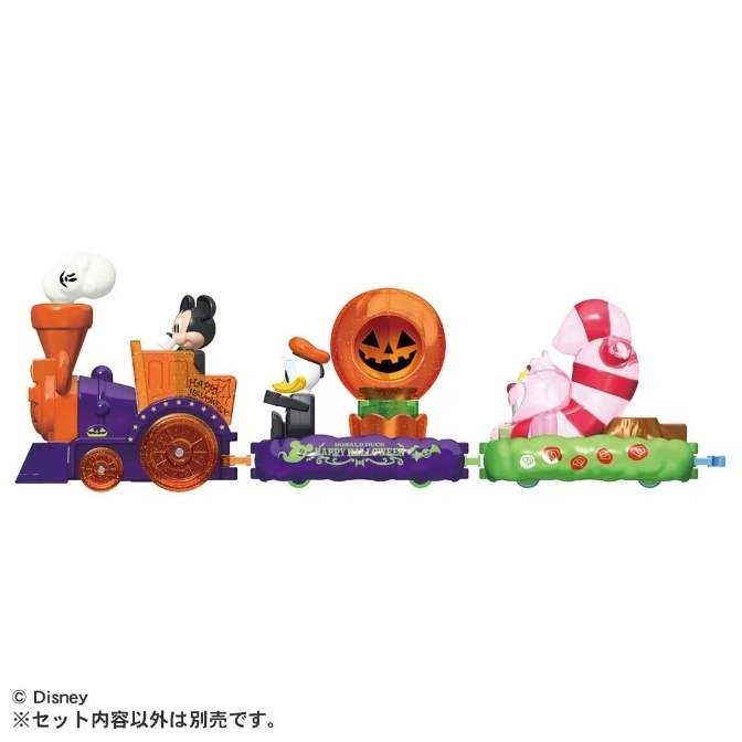  Disney Halloween train toy with Mickey, Donald, pumpkin, and Cheshire Cat figures.